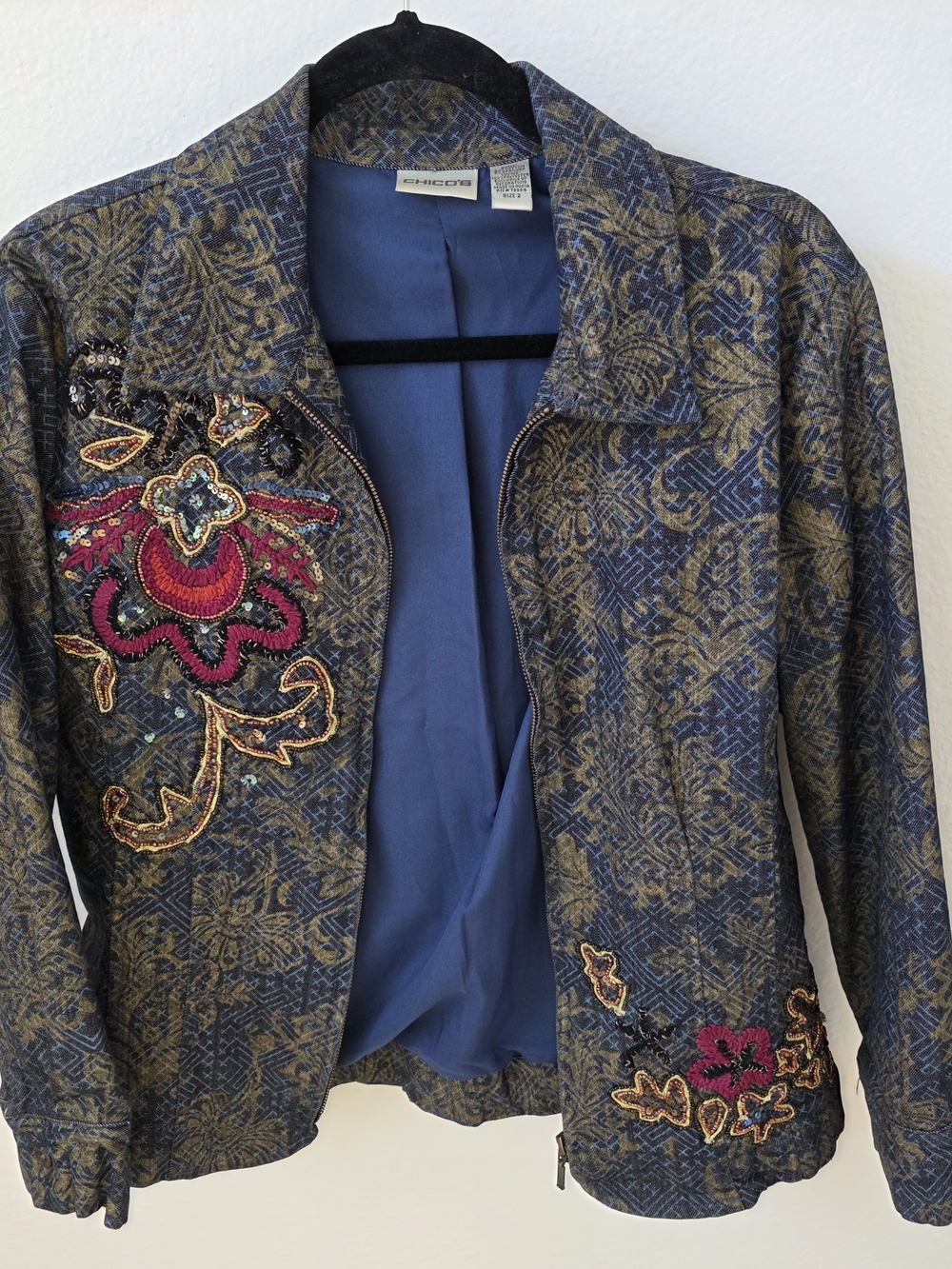 Chico's Navy and Gold Embroidered Floral Jacket
